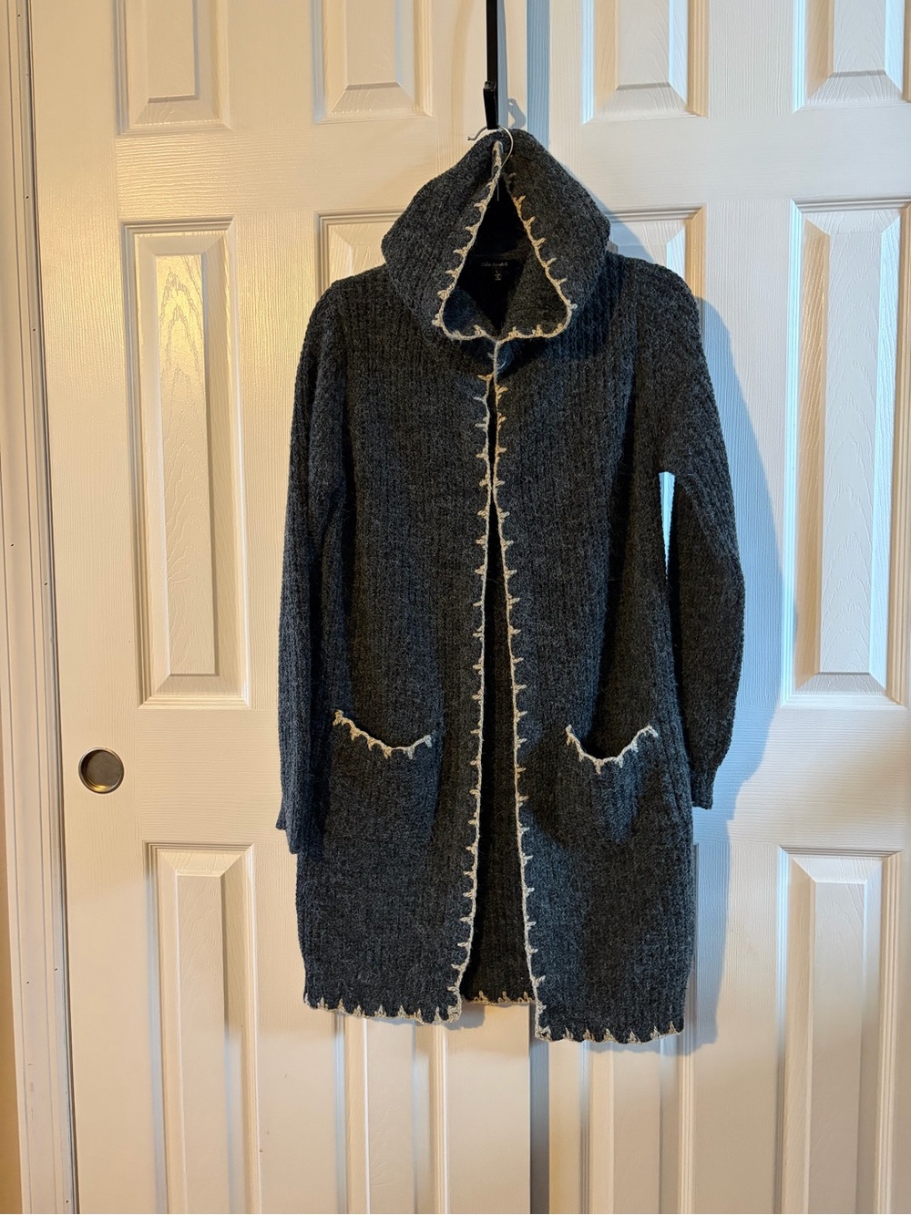 Color Swatch Women’s Long Hooded Fuzzy Cardigan Charcoal & Gray With Cream Trim